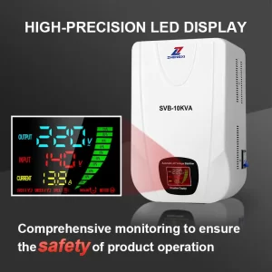 Digital display showing real-time input and output voltage on SVB series stabiliser