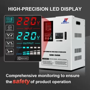 Front view of SKW series 8KVA–15KVA servo voltage stabilizer with LED display