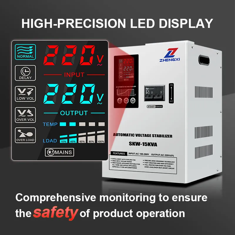 Front view of SKW series 8KVA–15KVA servo voltage stabilizer with LED display