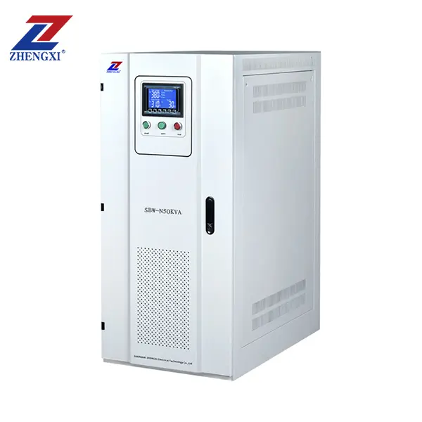 SUNWAY three phase servo voltage stabilizer installed in an industrial control room     